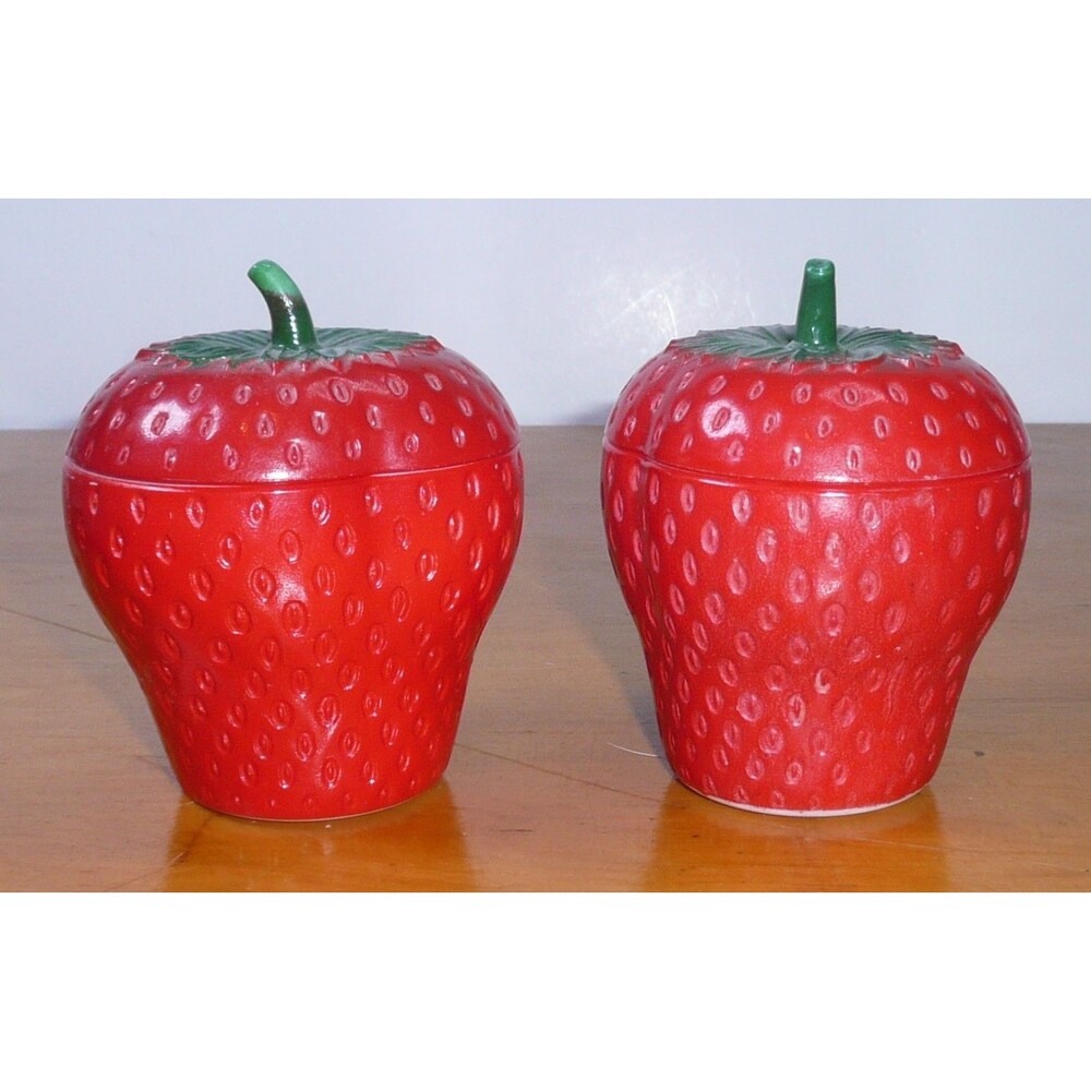 2 Antique Hazel Atlas Strawberry Jam Jar 40s Painted Milk Glass with Lid 3 7/8"